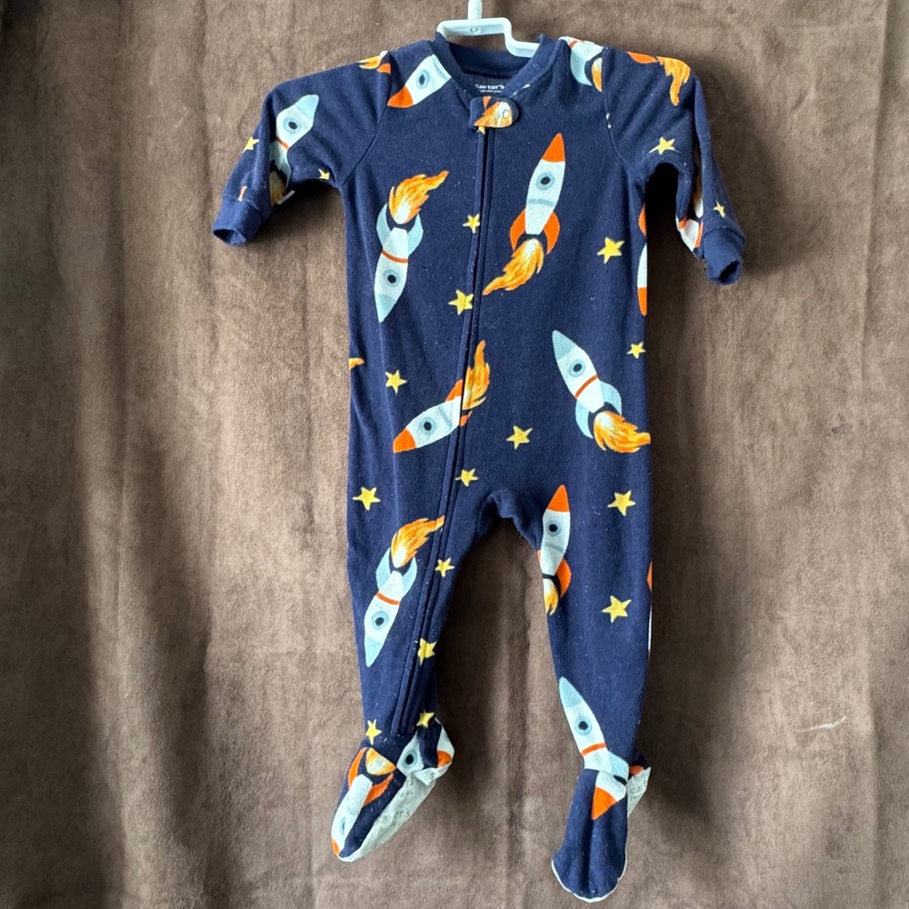 Carters Just One You Boys 18M Navy Blue Rocket Ship Fleece‎ Footed Pajamas